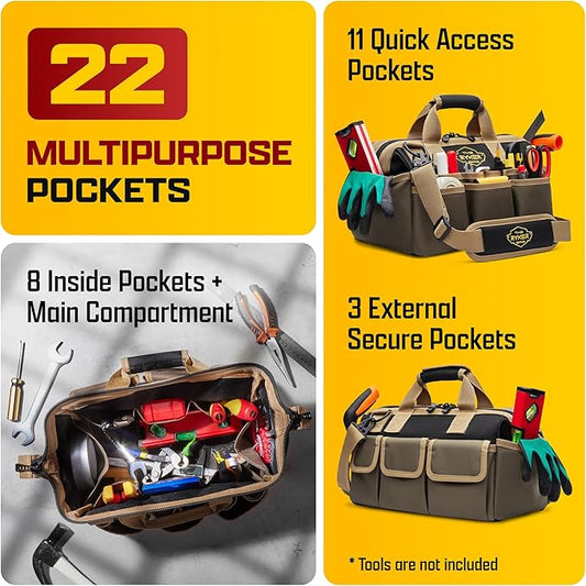 The Ryker Heavy Duty Tool Bags for Men/Women. 14 Inch Small Wide Mouth Mechanic/plumber/Contractor/Electrician Tool Bag Organizer 22Pockets Soft Portable Tools Bags Organizer Toolbag for plumbing