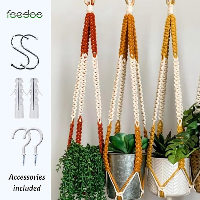 feedee 2 Pack Plant Hanger Indoor, Hanging Plant Holder, Macrame Plant Hangers, Handmade Boho Two-Tone Plant Hanger, Indoor Outdoor Flower Pots Holder, Home Décor Ivory (POTS NOT Included)
