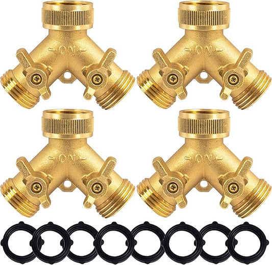 Hourleey Brass Garden Hose Splitter (2 Way), Solid Brass Hose Y Splitter 2 Valves with 2 Extra Rubber Washers (4 Pack)