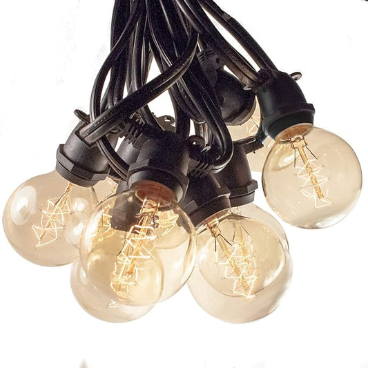 Hometown Evolution, Inc. Commercial Edison Bulb Outdoor String Lights with Hand-Threaded Filament (G50 Spiral Edison - Commercial Black Wire, 25 ft)