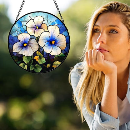 Stained Glass Window Hanging - Morning Glory Birth Flowers Suncatcher for Door Garden Yard Sun Catchers Decor Christmas Mother's Day Birthday Gifts for Women Mom Nana Friend Men 11.8 in