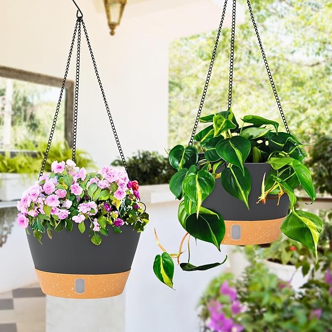 QCQHDU 2 Pack 10 Inch Hanging Planters for Indoor Outdoor Plants, Hanging Baskets Flower Pots with Reservoir Tray & Visible Water-Level
