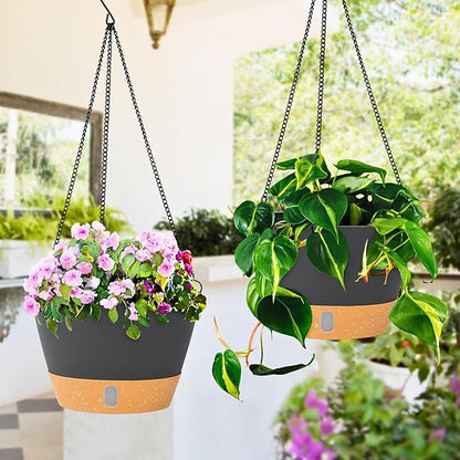 QCQHDU 2 Pack 10 Inch Hanging Planters for Indoor Outdoor Plants, Hanging Baskets Flower Pots with Reservoir Tray & Visible Water-Level