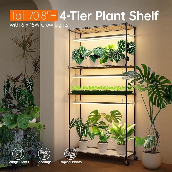 Bstrip Plant Shelf with Grow Light with Timer, Tall Plant Stand with Adjustable Rack and Wheels, 6 Pack T5 3FT Full Spectrum Grow Lights for Indoor Plants, Seed Starting, Seed Tray, 35.4"x13.8"x70.8"
