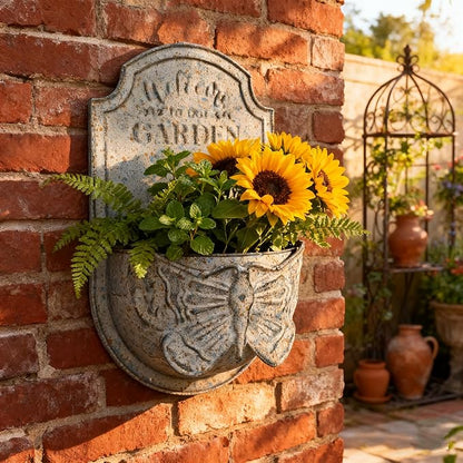 Rustic Metal Wall Planter with Butterfly Design, Welcome to Our Garden Hanging Flower Pot for Outdoor Indoor Decor, Vintage Galvanized Plant Holder for Patio, Porch, Garden