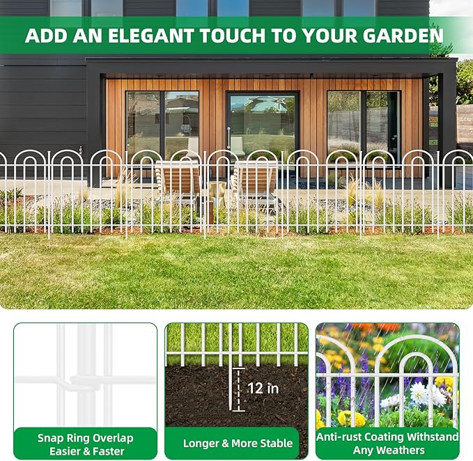 15 Panels Decorative Garden Fence, 32 in(H) X 30 ft(L) No Dig Dog Fence Outdoor for Yard, Rustproof Tall Metal Garden Fencing Animal Barrier with Ground Stakes, Temporary Fencing for Patio, White