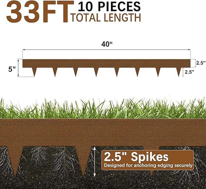 Worth Garden 10-Pack Corten Steel Landscape Lawn Edging - 5in H. (2.5" Above Ground + 2.5" Spikes) Rust Patina Bendable Metal Strips - Hammer-in Border w/ 11 Clips - Yard Pathway Divider (33Ft Total)