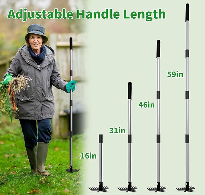 Weeding Puller Tool with Long Handle, 11 Tooth Manual Weed Rake Weeder Remover Tool Gardening with Gloves, Dandelion Gardenia Uprooting Tool for Yard, Lawn, Patio and Garden