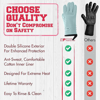 KITCHEN PERFECTION XL Silicone Smoker Oven Gloves for Women -Extreme Heat Resistant BBQ Gloves -Handle Hot Food Right on Your Grill Fryer&Pit|Waterproof Grilling Cooking Mitts|Superior Set+3 Bonuses
