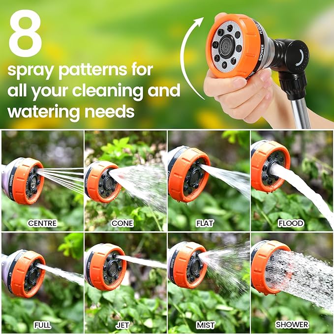 Watering Wand for Garden Hose, 17.5 Inch, 8 Spray Patterns, Garden Hose Nozzle with Thumb Flow Control, Adjustable Water Sprayer with Pivoting Head, Ideal for Hanging Baskets and Shrubs