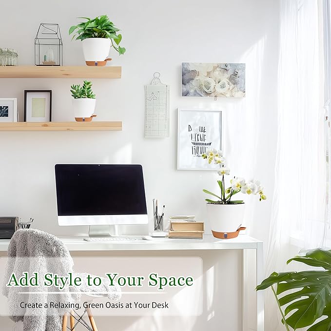 Self Watering Pots for Inoor Ourdoor Plants 8/7/6.5/6/5 Inch Plastic Planters with Drainage Holes & Water Level Indicator, Decorative House Flower Nursery Planting Pots with Saucers (White)