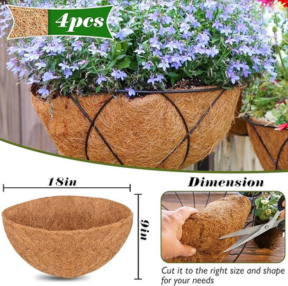 ZeeDix 18 Inch Coco Liners for Hanging Baskets, 4 Pcs Round Coco Liner 100% Natural Coco Fiber Basket Coconut Replacement Liner for Hanging Baskets Planters Flowers Vegetables(18in-4pcs)