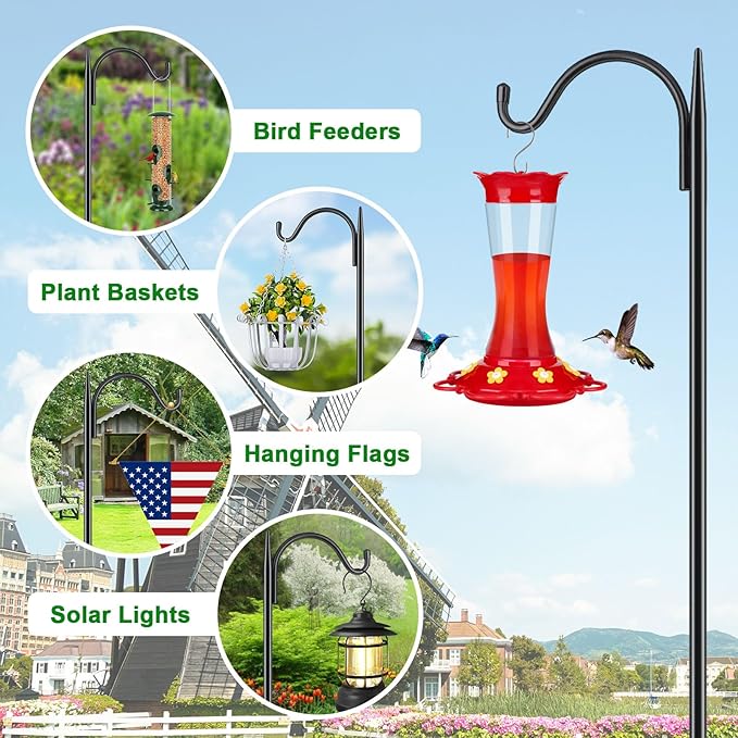 FEED GARDEN Adjustable Outdoor Shepherd Hook Bird Feeder Pole with 5 Prongs Base, 60 Inch Tall 5/8 Inch Thick, Heavy Duty Shepard Hook Stand for Hanging Bird Feeders, Plant Baskets, Black (1 Pack)