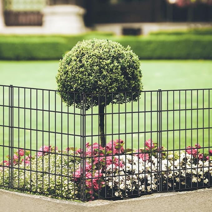 Metal Garden Fence 33.3in (H) x 23.3ft (L), 10 Panels + 11 Stakes Dog Fence Border Fence Animal Barrier, No Dig Garden Fencing for Yard Flower Bed Lawn Patio Outdoor, PIN332810 Black