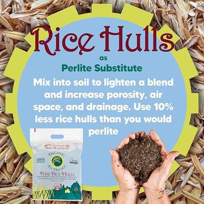 Organic Mechanics Pure Rice Hulls, 8 qt - Sustainable Alternative to Perlite - Enhances Drainage, Porosity and Air Space - Eco-Friendly