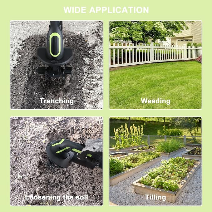 24V Cordless Tiller Cultivator, 4-Inch Tilling Width and Depth, Handheld with Extension Rod, 235 RPM Electric Garden Tiller, Lightweight 1.2kg Body, 2 × 1.5Ah Batteries & Charger (24V-Green)