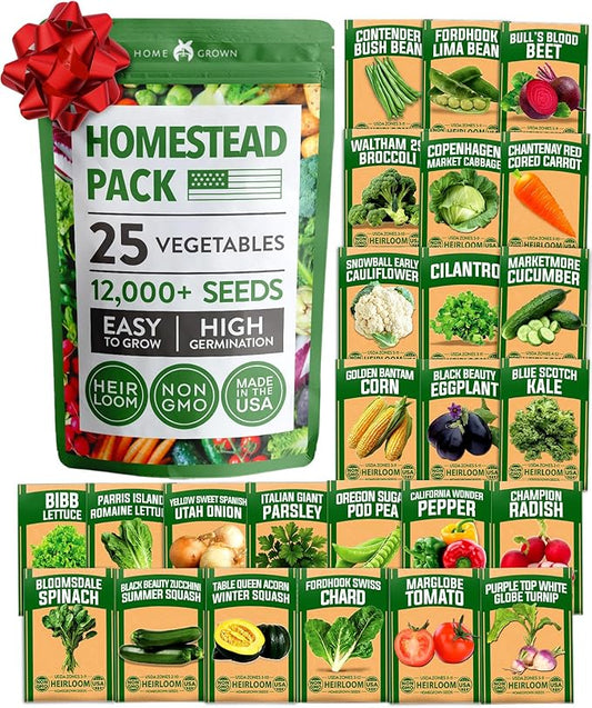 HOME GROWN 25 Heirloom Vegetable Seeds Kit - 12,000+ Non-GMO Seeds for Planting Vegetables, Survival Garden Seed Vault, Tomatoes Carrots Beans Kale Peppers, Indoor Outdoor Garden