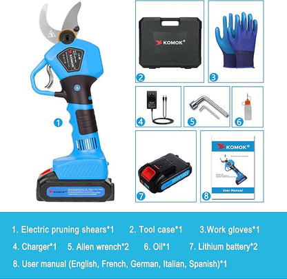 KOMOK Electric Pruning Shears, Cordless Electric Pruner Battery Operated Tree Branch Cutter with 2pcs 2Ah Lithium Batteries, 1.2 inch (30mm) Cutting Diameter 8-10 Working Hours
