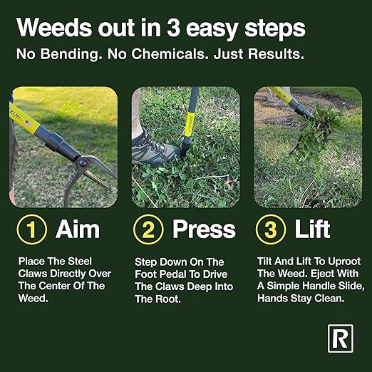 Rocklin™ Stand Up Weed Puller Tool - 4 Claw Steel Head - 48 inch Handle - 100% Metal - Easily Remove Weeds Without Bending or Kneeling WeedPuller