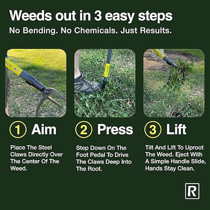 Rocklin™ Stand Up Weed Puller Tool - 4 Claw Steel Head - 48 inch Handle - 100% Metal - Easily Remove Weeds Without Bending or Kneeling WeedPuller