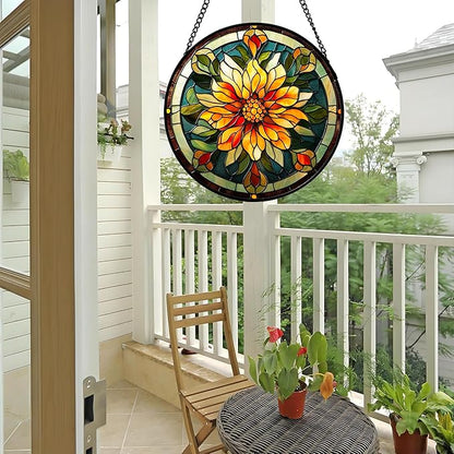 Stained Glass Window Hanging - Retro Yellow Flower Suncatcher for Door Garden Home Decor Dahlia Sun Catcher Christmas Birthday for Lovers Friend Women Mom Nana 9.8 in