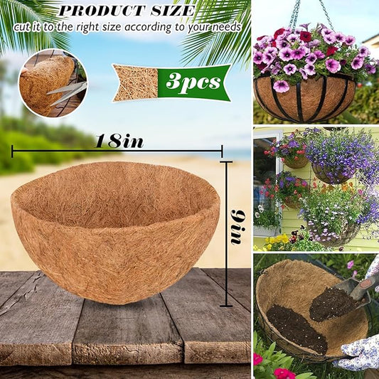 ZeeDix 18 Inch Coco Liners for Hanging Baskets, 3 Pcs Round Coco Liner 100% Natural Coco Fiber Basket Coconut Replacement Liner for Hanging Baskets Planters Flowers Vegetables(18in-3pcs)