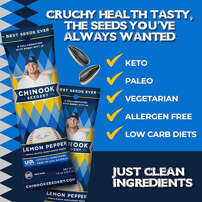 Chinook Seedery Low Sodium Sunflower Seeds – Lemon Pepper Flavor, Pack of 36, 1.5oz – Sunflower Seeds to Eat – Keto, Jumbo, Roasted, Baseball Snacks
