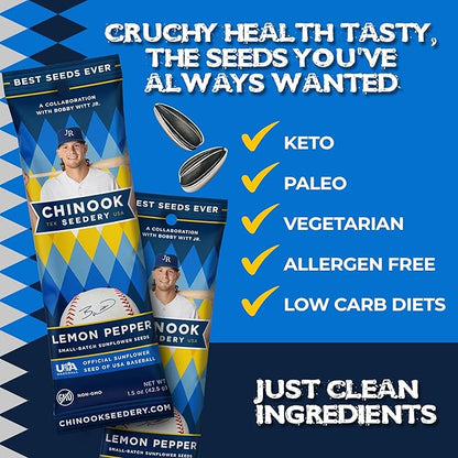 Chinook Seedery Low Sodium Sunflower Seeds – Lemon Pepper Flavor, Pack of 36, 1.5oz – Sunflower Seeds to Eat – Keto, Jumbo, Roasted, Baseball Snacks