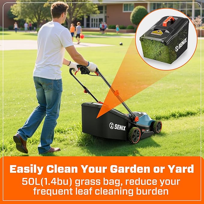 SENIX 40V 17" Electric Lawn Mower, Battery Powered Cordless Lawnmower, 2-in-1 Brushless Walk-Behind Push Mowers, 6 Heights Adjustment, cortadora de pasto, Includes 2x5Ah Batteries & Charger, LPPX2-M5