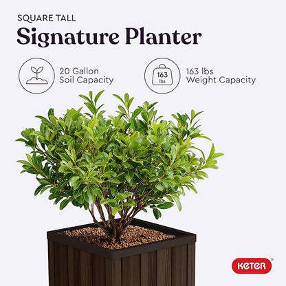 Keter Signature 21.6 Inch Tall Square Large Wood Look Planter for Indoor or Outdoor Flower Pot Ideal for Patio Deck and Front Porch Decor, Rosewood