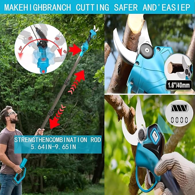 4-in-1 Cordless Pole Saw & Electric Pruning Shears, 8-inch Mini Chainsaw, Pole Pruner, Brushless Motor, Adjustable 16-ft Extension Pole, and 2×21V Battery for Tree Pruning and Timber Cutting