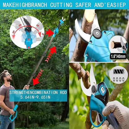 4-in-1 Cordless Pole Saw & Electric Pruning Shears, 8-inch Mini Chainsaw, Pole Pruner, Brushless Motor, Adjustable 16-ft Extension Pole, and 2×21V Battery for Tree Pruning and Timber Cutting