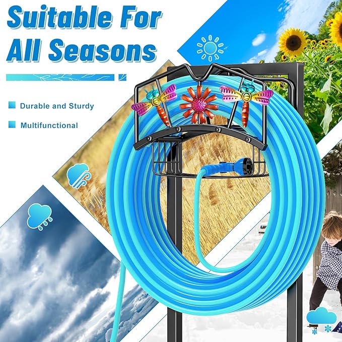 Garden Hose Holder, Freestanding Water Hose Holder with Storage Basket, Heavy Duty Metal Hose Reels Hanger Stand Organizer with 4 Spikes for Outside Yard Lawn Black