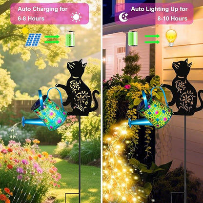 Black Cat Solar Watering Can Lights, Birthday Gifts for Women Mom Christmas, Yard Decorations Outdoor Waterproof, Blue Metal Hanging Lantern Solar Lights Garden Decor Patio Pathway, 2 Pack