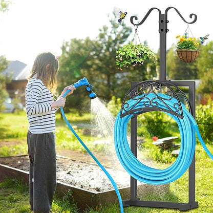 Garden Hose Holder Hanger Freestanding, Upgraded 4 Spikes Heavy Duty Storage Reel Stand with Shepherds Hooks, Holds 150ft Hose for Outside Garden Yard Lawn vegetable patch