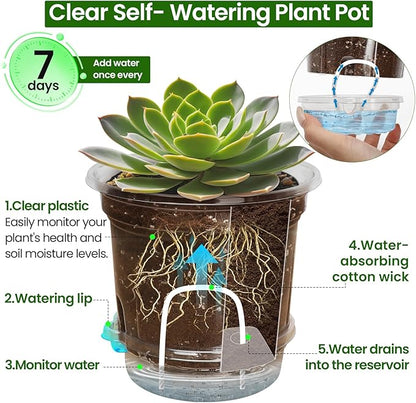 MIXC 12 Packs 5 Inch Self Watering Pots for Indoor Plants - Clear Nursery Plant Pots with Drainage, Deep Visible Reservoir - Flower Planter Outdoor with Wicking Rope