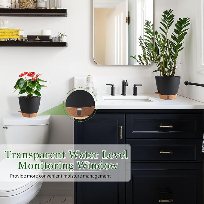 Self Watering Pots for Inoor Ourdoor Plants 10/9/8/7/6.5 Inch Plastic Planters with Drainage Holes & Water Level Indicator, Decorative House Flower Nursery Planting Pots with Saucers (Black)