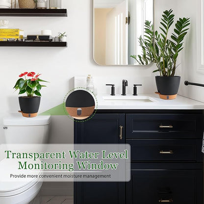 Self Watering Pots for Inoor Ourdoor Plants 10/9/8/7/6.5 Inch Plastic Planters with Drainage Holes & Water Level Indicator, Decorative House Flower Nursery Planting Pots with Saucers (Black)