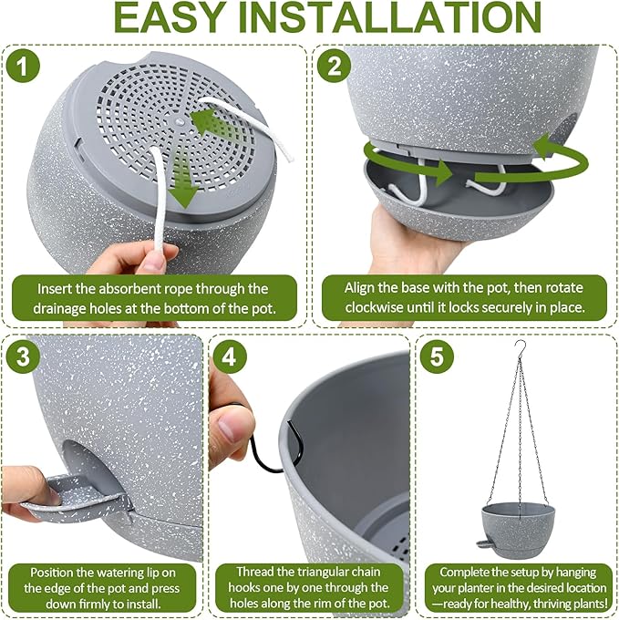 WOUSIWER Self Watering Hanging Planters, 2 Pack 10'' Plastic Pots with Drainage Holes & Reservoir Tray (Speckled Grey) | Indoor & Outdoor Use for Ferns, Ivy, Herbs, Succulents