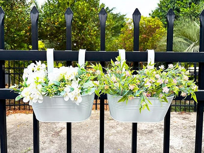 10" Hanging Flower Pots, Pack of 2 White Metal Outdoor Patio Balcony Planter, Railing Planters Fence Pot with Detachable Hook & Drainage Hole for Small Plants (White, 2Pcs)