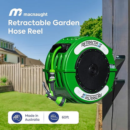 Macnaught Retractable Garden Hose Reel, 60 Ft Water Hose Reel Heavy Duty Retractable Hose with Metal 180° Swivel Rotation Bracket for Wall Mount - Green