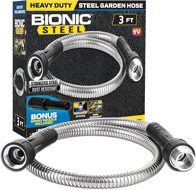 BIONIC STEEL 3Ft Short Garden Hose, 3 Ft x 5/8 In. Connector Hose for Reel, Leak Proof Connection, Heavy Duty, Non Kinking, Flexible, Hose Extension