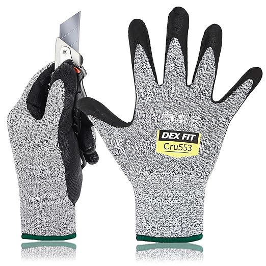 DEX FIT Level 5 Cut Resistant Gloves Cru553, 3D-Comfort Fit, Professional Power Grip, Thin, Touch-Screen Compatible, Durable, Breathable, Machine Washable; Grey M (8) 12 Pairs