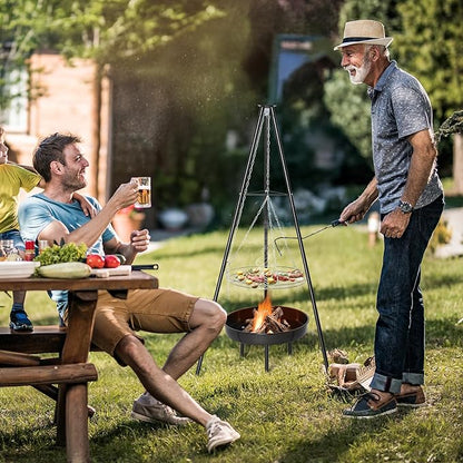 Outvita Campfire Tripod Grill, Adjustable Height BBQ Grill Grate with Fire Bowl for Outdoor Camping BBQ, Black