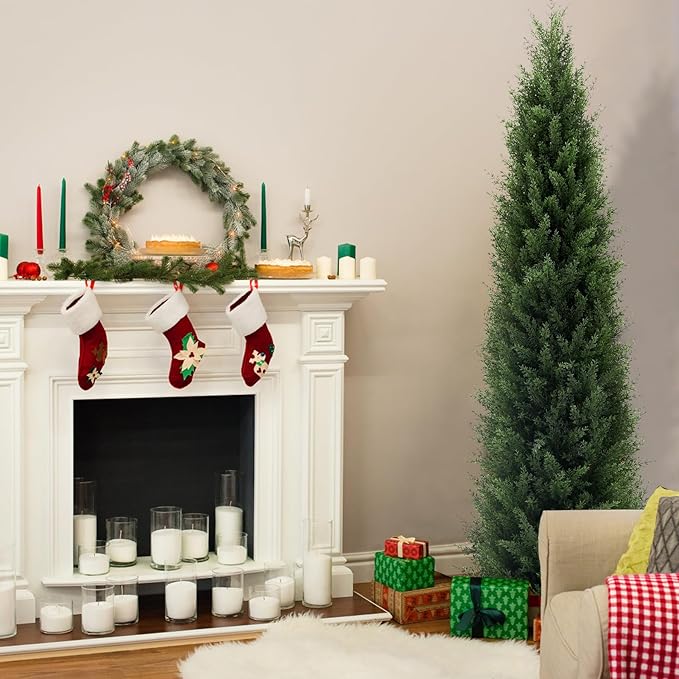 5 ft Artificial Cedar Topiary Trees, 2 Pack Uv Resistant Faux Outdoor Plants, Front Door Cypress Tree Decor Outdoor Entrance, Tall Fake Outside Plants, Evergreen Arborvitae Plastic Indoor Plant