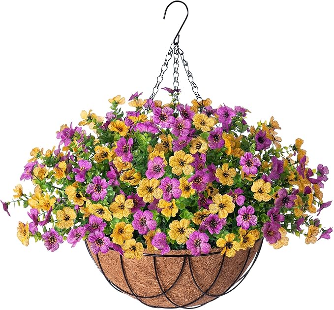 Artificial Silk Spring Flowers Hanging Basket for Outdoor Indoor, Daisy with Eucalyptus Leaves Arrangement for Yard Decor, Faux Green Plant in Metal Coconut Lining Pot(Purple Yellow)