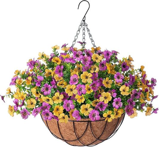 Artificial Silk Spring Flowers Hanging Basket for Outdoor Indoor, Daisy with Eucalyptus Leaves Arrangement for Yard Decor, Faux Green Plant in Metal Coconut Lining Pot(Purple Yellow)