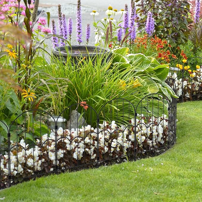 24 Panels Decorative Garden Fence Dog Fence Outdoor for Yard 26ft (L) X 2ft (H) Black Animal Barrier with No-Dig Stakes Arched Rustproof Metal Wire Decorative for Flower Landscaping and Garden Edging