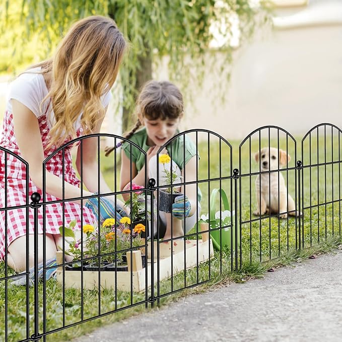Metal Garden Fence 17in (H) x 10ft (L), 10 Panels + 11 Stakes Dog Fence Border Fence Animal Barrier, No Dig Garden Fencing for Yard Flower Bed Patio Outdoor, CTW1710 Black