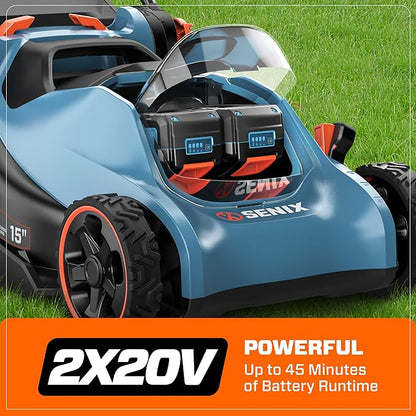 SENIX 40V 15'' Cordless Lawn Mower - 1.3 Bushels Grass Bag, (2) 4Ah Batteries & 3.0A Charger Included